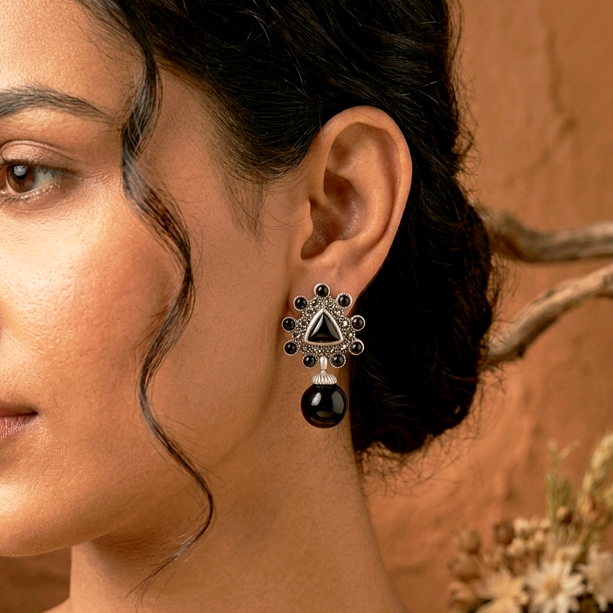Silver Black Onyx Stud Drop Earrings